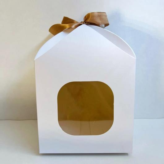 Коробка для кулича 14 см*14 см*19,5 см с лентой и окном белая